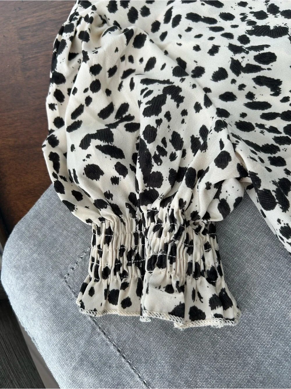 ZARA Cream and Black Dalmatian Print Gathered Puff Sleeve Blouse. BRAND NEW!